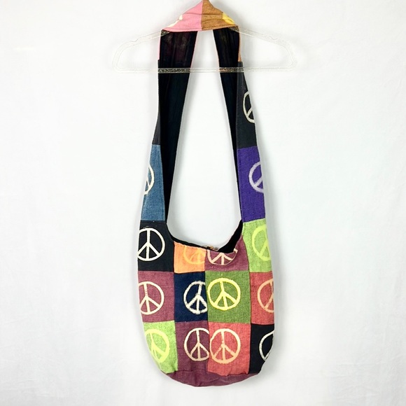 ☮️ Peace Signs Boho Patchwork Style Boho Hobo Hippie Festival Crossbody Bag - Picture 4 of 10